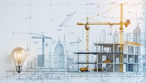 Conceptual illustration representing updates in Virginia's construction code, featuring a blueprint with symbolic elements of energy efficiency and safety.