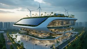 Futuristic zero-energy building featuring solar panels, wind turbines, and a green rooftop, exemplifying sustainable architectural design in an urban setting.