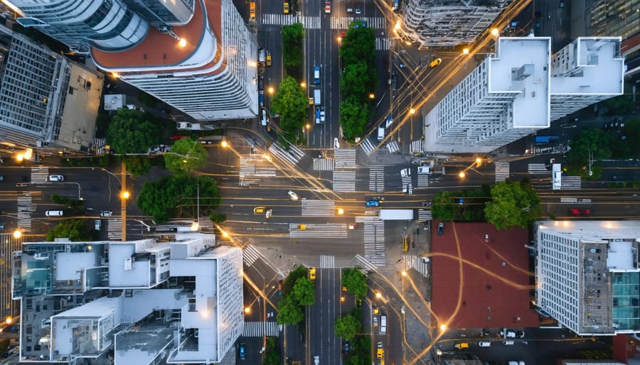 Aerial view of an urban intersection with digital elements showing 5G connectivity among vehicles, traffic signals, and city infrastructure, representing the integration of technology in smart city environments.