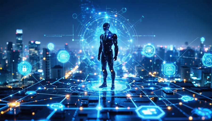 Conceptual illustration of a futuristic city with digital security overlays and interconnected nodes, symbolizing AI's role in monitoring and protecting infrastructure from cyber threats.