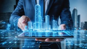 A futuristic construction site with a project manager holding a tablet displaying a skyscraper blueprint, surrounded by glowing data streams representing AI-enhanced project planning.