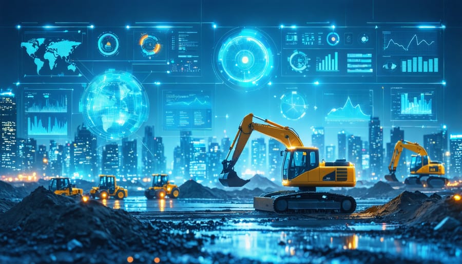 A futuristic construction site featuring AI-powered analytics dashboards overlayed on smart construction equipment, showcasing optimized energy consumption and resource utilization in a sustainable environment.
