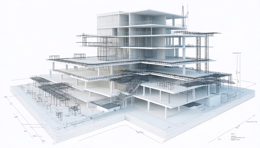 Building Information Model displaying architectural, structural, and MEP systems in an exploded view