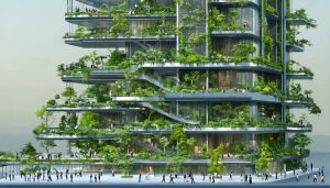 Modern cityscape with skyscrapers featuring vertical gardens and living walls, abundant natural light, and water features, illustrating nature's integration into urban architecture for enhanced wellbeing.
