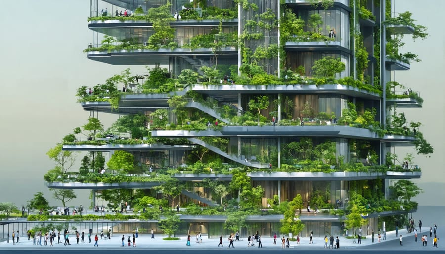 Modern cityscape with skyscrapers featuring vertical gardens and living walls, abundant natural light, and water features, illustrating nature's integration into urban architecture for enhanced wellbeing.