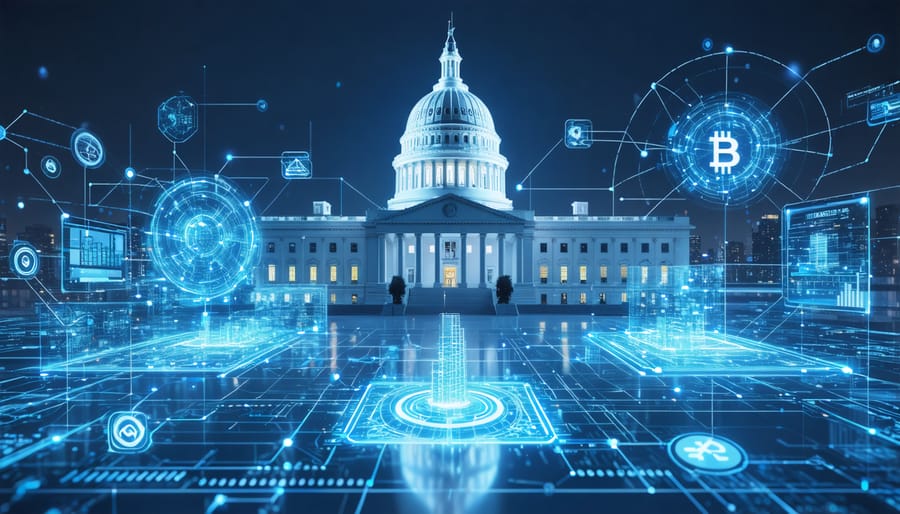 Illustration of a government office using blockchain technology to manage construction project blueprints and compliance checks, depicted as interconnected digital chains.
