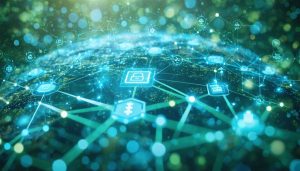 A conceptual illustration of a decentralized blockchain network with interconnected nodes and dynamic data flow, highlighting blockchain's security features in infrastructure protection.