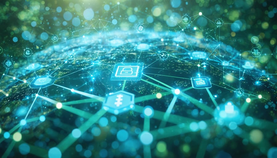 A conceptual illustration of a decentralized blockchain network with interconnected nodes and dynamic data flow, highlighting blockchain's security features in infrastructure protection.