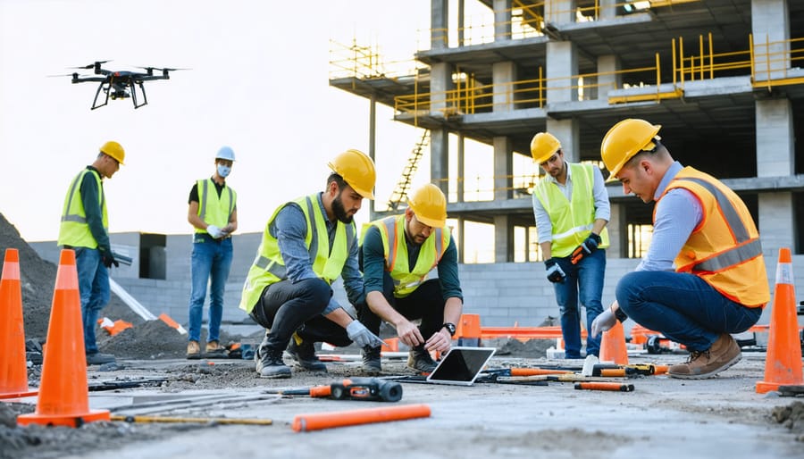 A diverse group of construction workers participating in a training session, using both traditional tools and advanced technology, at a modern job site with a mix of traditional and sustainable building materials in the background.