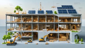 Futuristic construction site displaying sustainable materials, digital twin technology, and solar-powered equipment, highlighting decarbonization strategies in the building industry.