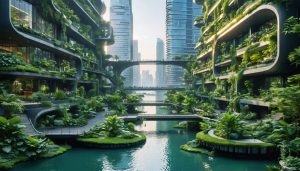 A vision of a climate-responsive city featuring green roofs, vertical gardens, and innovative water management systems integrated with modern buildings, illustrating a blending of urban design with natural elements.