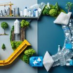 Conceptual illustration depicting the transformation of the construction industry to adopt circular economy practices with plastics, featuring symbols of recycling and urban development.