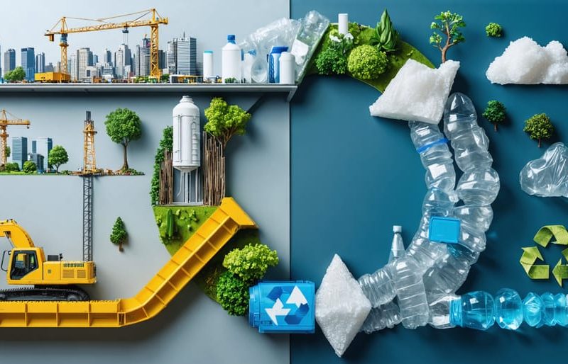 Conceptual illustration depicting the transformation of the construction industry to adopt circular economy practices with plastics, featuring symbols of recycling and urban development.