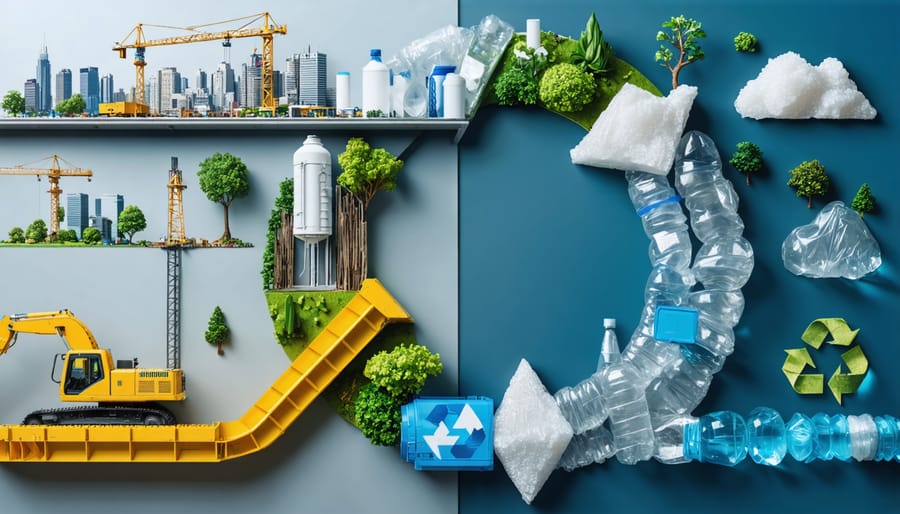 Conceptual illustration depicting the transformation of the construction industry to adopt circular economy practices with plastics, featuring symbols of recycling and urban development.
