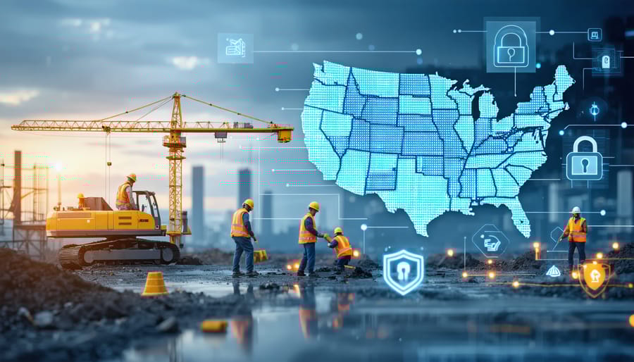 Illustration of a construction site with workers, overlayed with binary code, lock icons, and a U.S. map, symbolizing the intersection of construction and data privacy regulations.