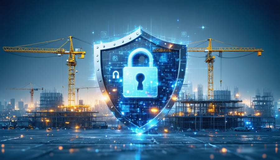 Conceptual representation of data security in construction, featuring a blend of construction elements and digital security symbols like locks and shields.