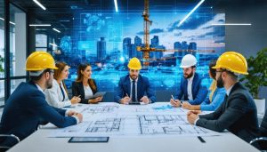 Diverse group of construction stakeholders, including architects, contractors, and community representatives, collaborating in a conference room with blueprints and digital devices displaying a construction site.
