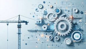 Conceptual illustration of a construction supply chain network with interconnected nodes and gears representing suppliers, contractors, and regulatory checkpoints.