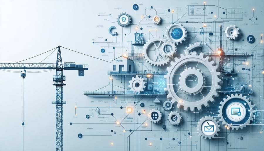 Conceptual illustration of a construction supply chain network with interconnected nodes and gears representing suppliers, contractors, and regulatory checkpoints.