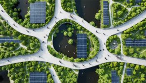 A dynamic view of Copenhagen featuring green roofs, solar panels, and bike lanes, illustrating the city’s groundbreaking urban loop and circular economy approach.