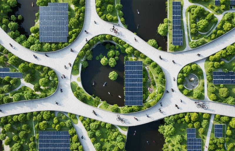 A dynamic view of Copenhagen featuring green roofs, solar panels, and bike lanes, illustrating the city’s groundbreaking urban loop and circular economy approach.