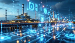 Conceptual image showing a traditional infrastructure asset with an overlaid digital grid, displaying real-time data streams and cybersecurity elements, illustrating the concept of cyber digital twins enhancing infrastructure protection.