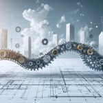 A symbolic bridge image connecting abstract design concepts with detailed architectural blueprints, highlighting the transition from creative design to construction documentation.