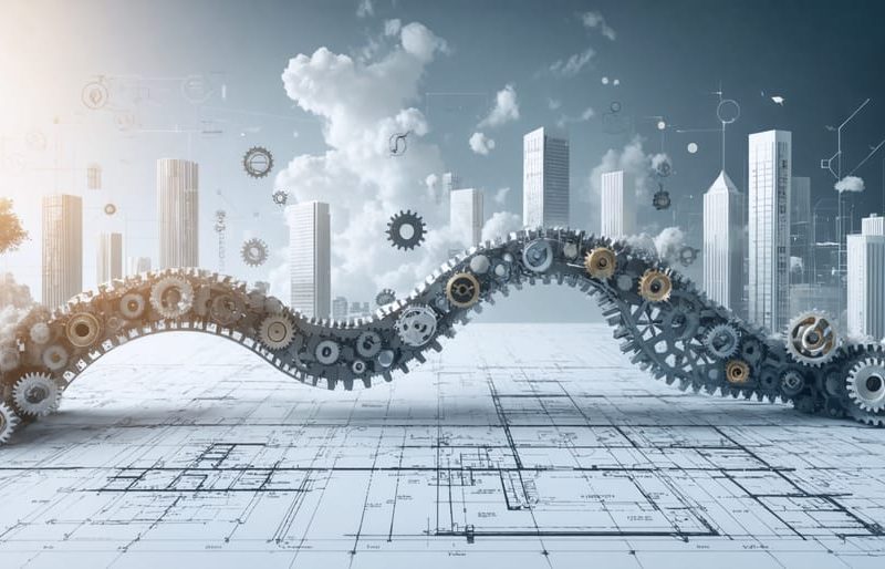 A symbolic bridge image connecting abstract design concepts with detailed architectural blueprints, highlighting the transition from creative design to construction documentation.