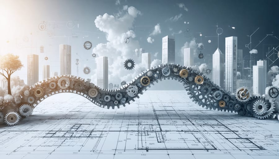 A symbolic bridge image connecting abstract design concepts with detailed architectural blueprints, highlighting the transition from creative design to construction documentation.