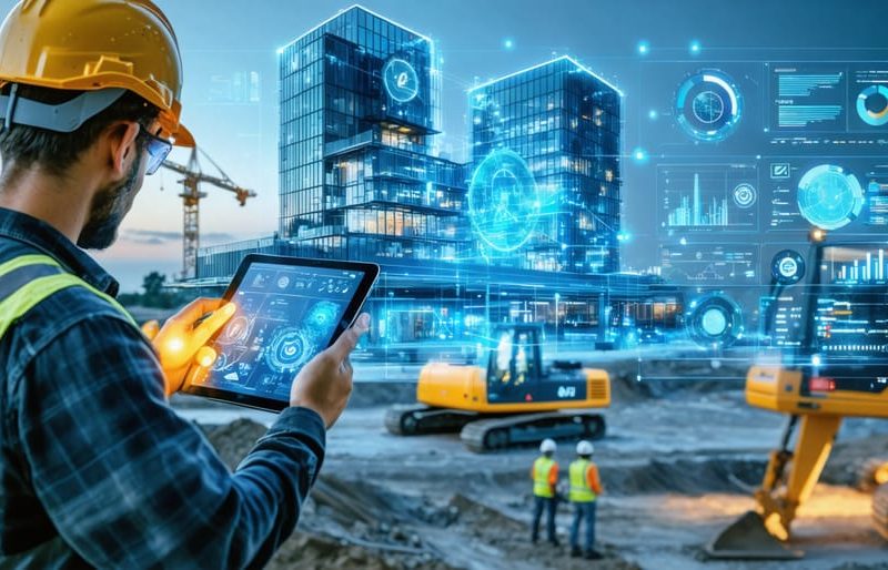 A futuristic construction site depicting digital transformation with workers using tablets, IoT sensors on equipment, and a digital dashboard displaying analytics.