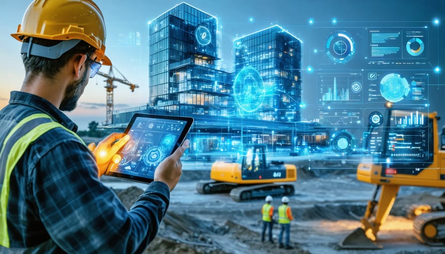 A futuristic construction site depicting digital transformation with workers using tablets, IoT sensors on equipment, and a digital dashboard displaying analytics.