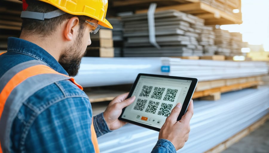 Construction professional using digital tracking system to monitor material inventory