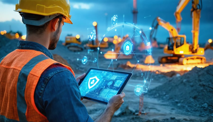 A construction worker reviewing a digital blueprint on a tablet at a tech-driven construction site, with interconnected IoT sensors and smart machinery, illustrating cybersecurity measures in place.
