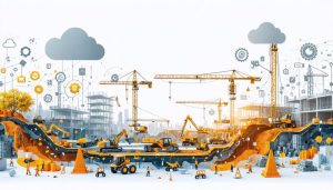Conceptual image showing the fusion of construction site elements with digital technology, symbolizing the integration of e-procurement solutions in construction.