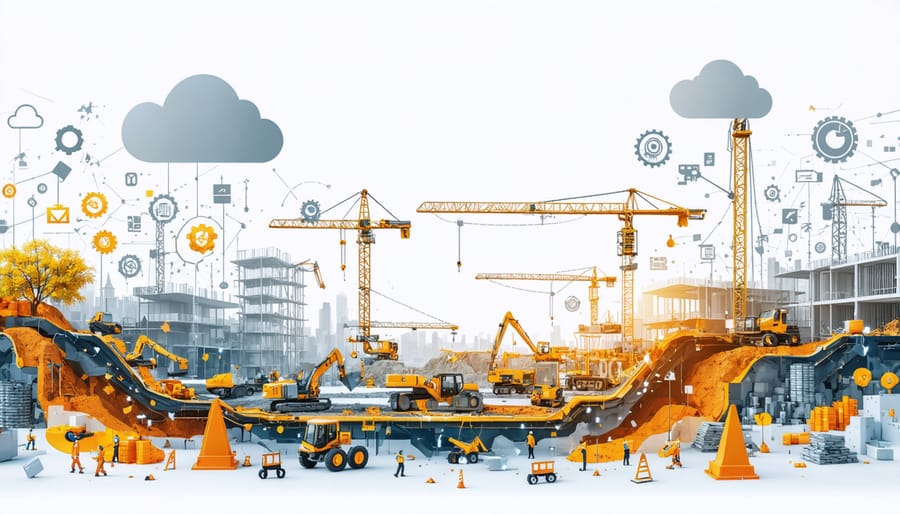 Conceptual image showing the fusion of construction site elements with digital technology, symbolizing the integration of e-procurement solutions in construction.