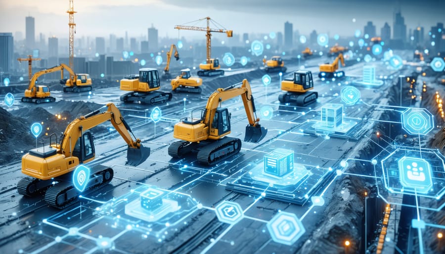 Conceptual illustration of a construction site with edge computing elements, including construction equipment connected by digital network grids, IoT sensors, and local processing nodes, symbolizing real-time data processing and monitoring.