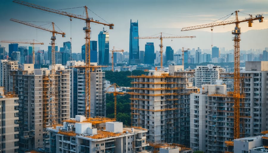 A dynamic cityscape of an emerging market with cranes and modern buildings under construction, symbolizing rapid urban development and investment growth.