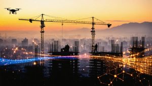 A modern city skyline with cranes and workers constructing buildings integrated with solar panels and wind turbines, highlighted by a digital network representing advanced technology and energy efficiency.