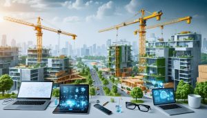 Futuristic cityscape under construction, featuring cranes, alternative materials, and digital tools, highlighting sustainable and technological advancements in the construction industry.