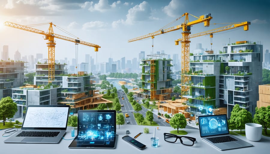 Futuristic cityscape under construction, featuring cranes, alternative materials, and digital tools, highlighting sustainable and technological advancements in the construction industry.