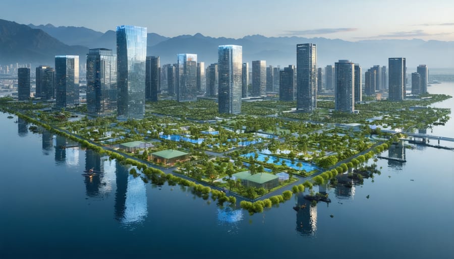 Illustration of a futuristic city with climate-adapted buildings showcasing flood protection and heat-resilient features such as elevated foundations, smart drainage systems, and green rooftops, against a backdrop of a resilient urban landscape.