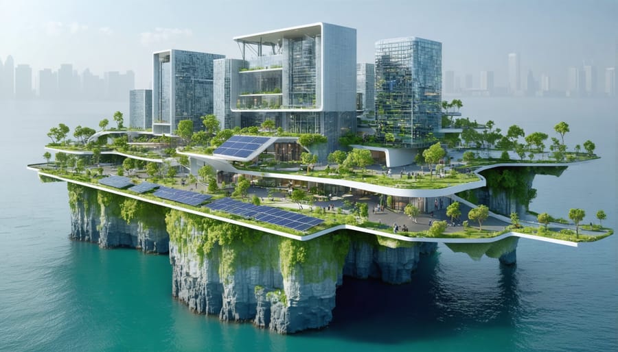 Futuristic city incorporating modern construction technologies and climate adaptation elements such as elevated buildings, solar panels, green roofs, and advanced smart materials, illustrating a harmonious relationship between architecture and nature.