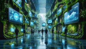 Futuristic building with green walls, smart solar panels, and interactive digital displays, illustrating the integration of technology and nature.