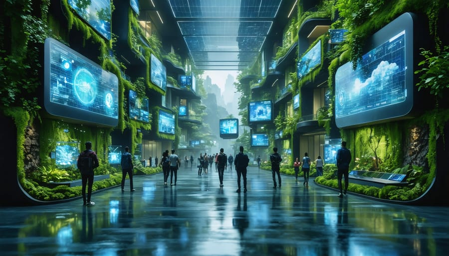 Futuristic building with green walls, smart solar panels, and interactive digital displays, illustrating the integration of technology and nature.