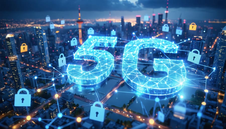 A conceptual image illustrating a futuristic 5G network infrastructure, with glowing network lines interwoven with a cityscape, highlighting connectivity and security elements like padlocks and shields, representing secure construction integration.