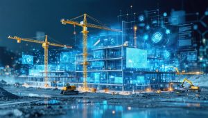 A visionary portray of a construction site fused with digital technology elements, representing Smartsheet's role in real-time risk management and collaboration among project stakeholders.