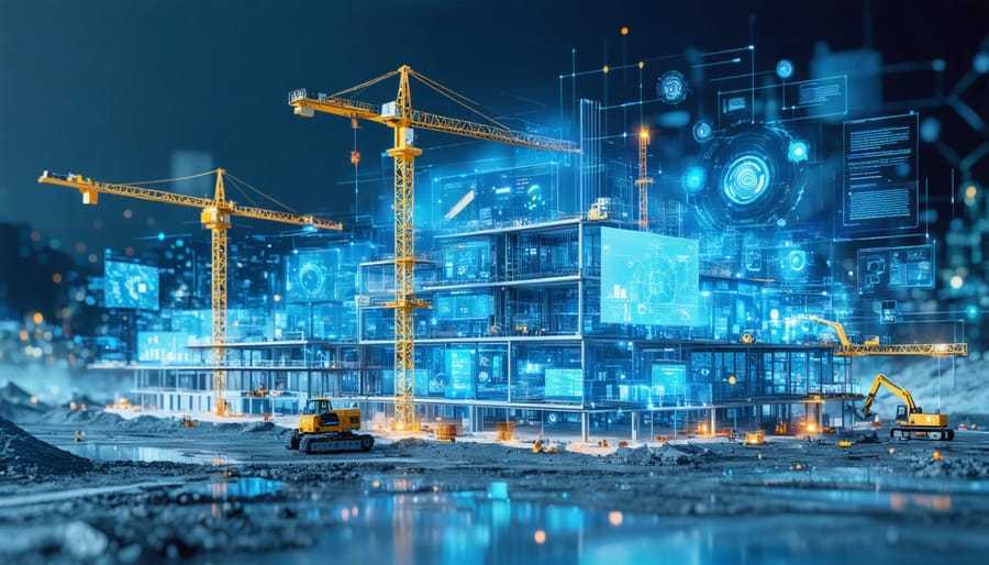 A visionary portray of a construction site fused with digital technology elements, representing Smartsheet's role in real-time risk management and collaboration among project stakeholders.