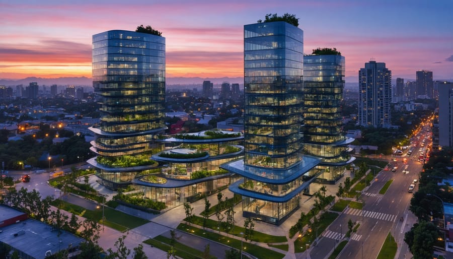 Futuristic city skyline with innovative buildings made from advanced construction materials, including smart glass and composites, illustrating the future of sustainable architecture.