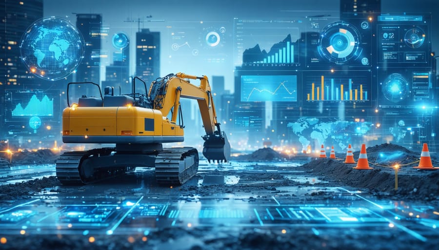 Conceptual illustration of a futuristic construction site with digital overlays displaying project management analytics and metrics.