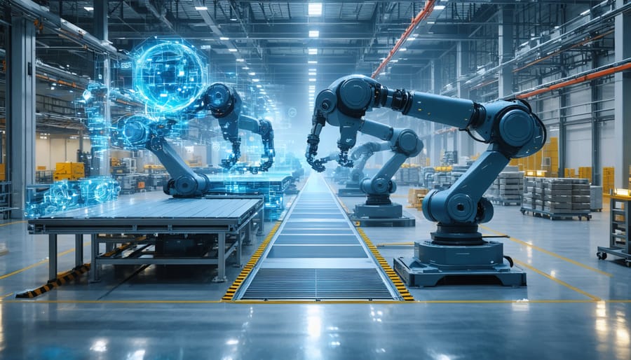 A high-tech factory assembly line with robotic arms constructing modular building components, integrated with digital technology and holographic BIM interfaces.